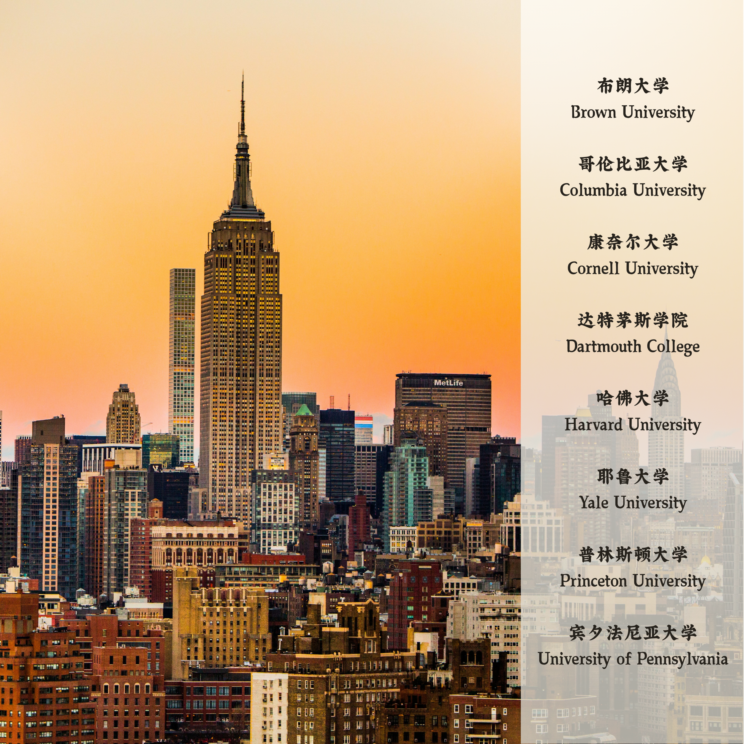 布朗大学Brown University
哥伦比亚大学Columbia University
康奈尔大学Cornell University
达特茅斯学院Dartmouth College
哈佛大学Harvard University
耶鲁大学Yale University
普林斯顿大学Princeton University
宾夕法尼亚大学University of Pennsylvania