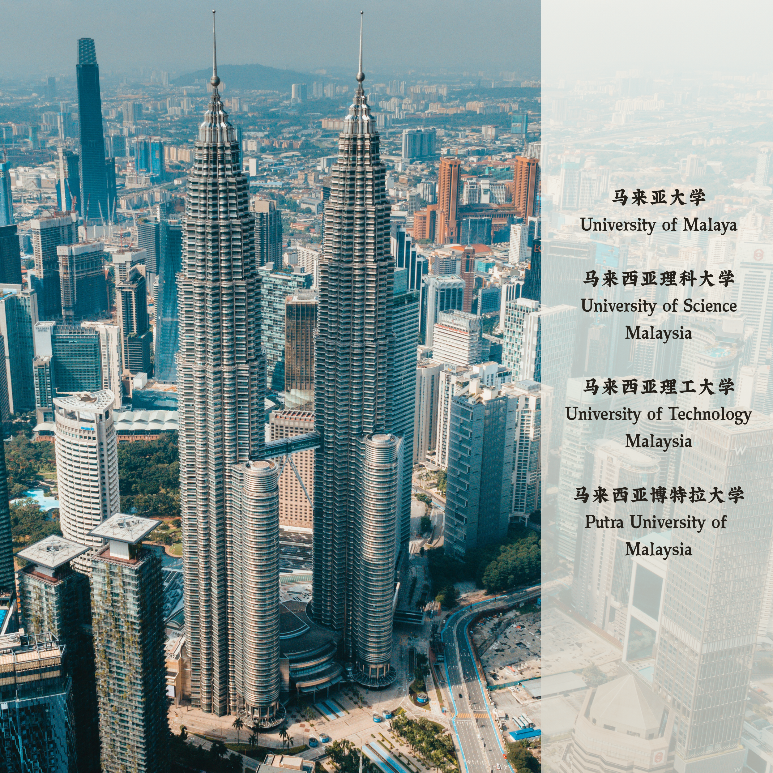 马来亚大学University of Malaya
马来西亚理科大学University of Science Malaysia
马来西亚理工大学University of Technology Malaysia
马来西亚博特拉大学Putra University of 
Malaysia
