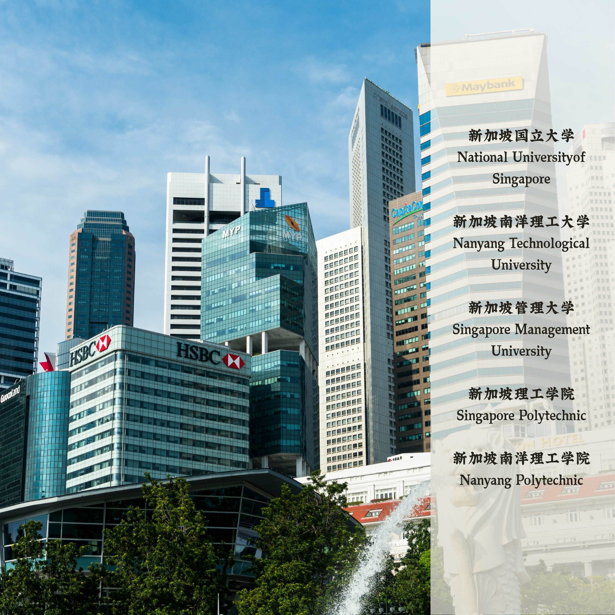 新加坡国立大学National Universityof Singapore
新加坡南洋理工大学Nanyang Technological University
新加坡管理大学Singapore Management University
新加坡理工学院Singapore Polytechnic
新加坡南洋理工学院Nanyang Polytechnic