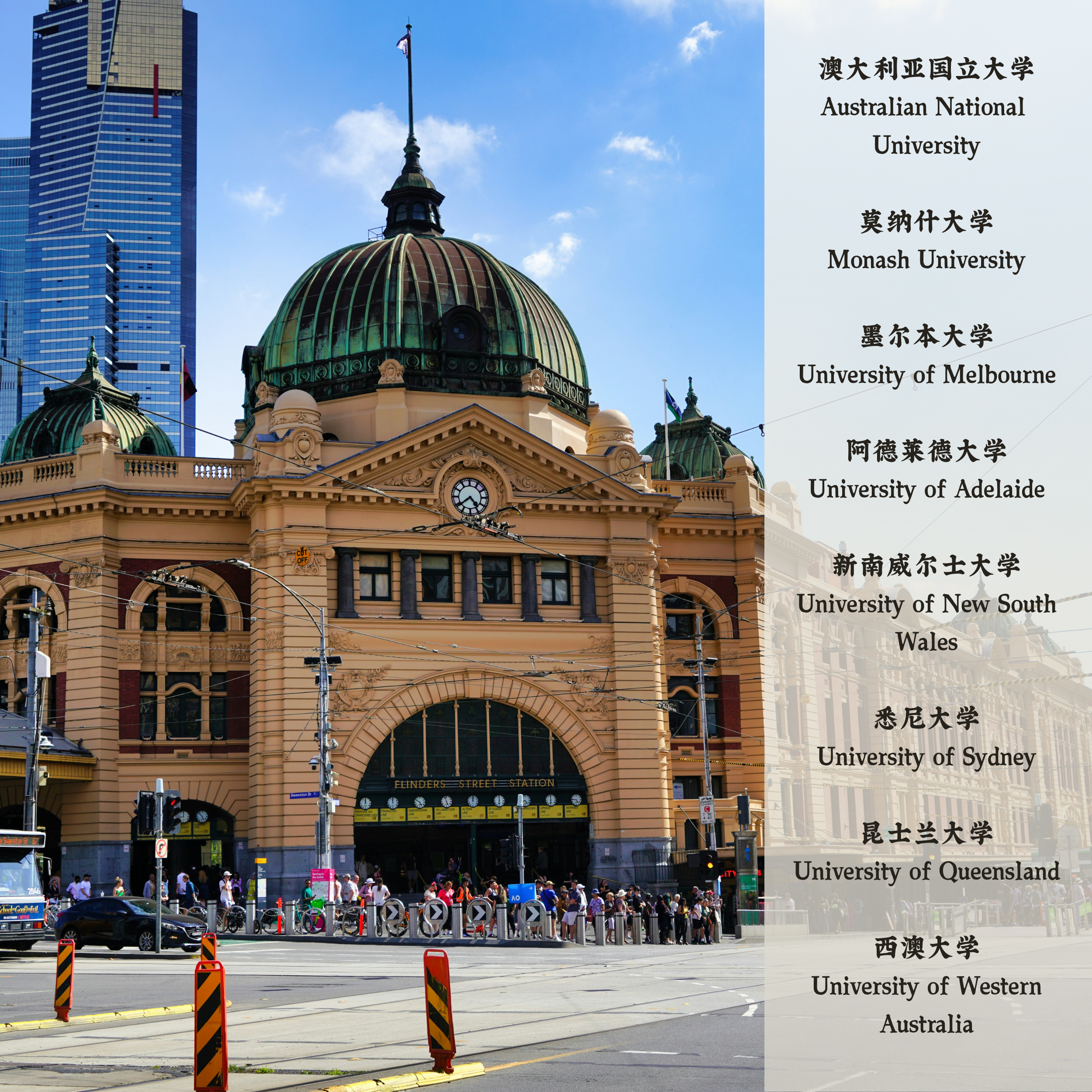 澳大利亚国立大学 Australian National 
University
莫纳什大学 Monash University
墨尔本大学 University of Melbourne
阿德莱德大学 University of Adelaide
新南威尔士大学 University of New South Wales
悉尼大学 University of Sydney
昆士兰大学 University of Queensland
西澳大学 University of Western Australia