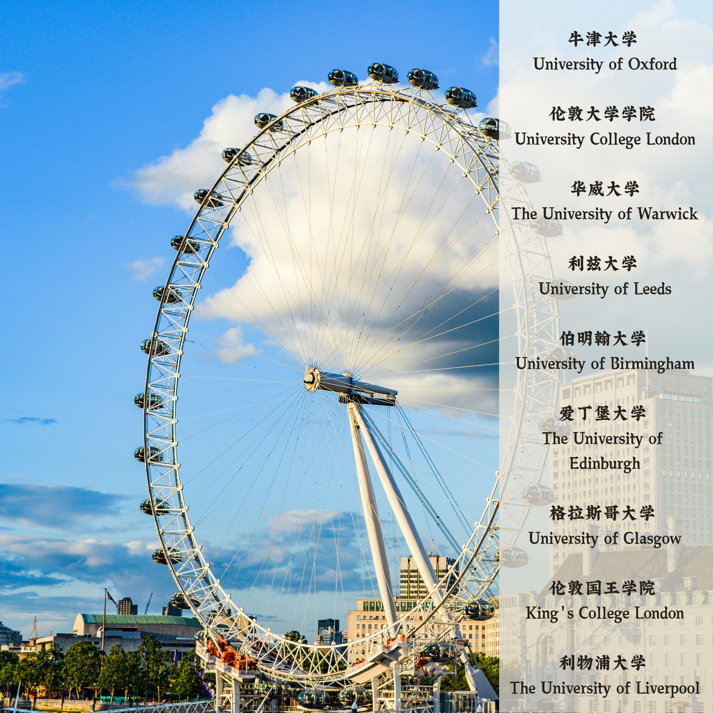 牛津大学 University of Oxford
伦敦大学学院 University College London
华威大学The University of Warwick
利兹大学 University of Leeds
伯明翰大学 University of Birmingham
爱丁堡大学 The University of 
Edinburgh
格拉斯哥大学 University of Glasgow
伦敦国王学院 King's College London
利物浦大学 The University of Liverpool